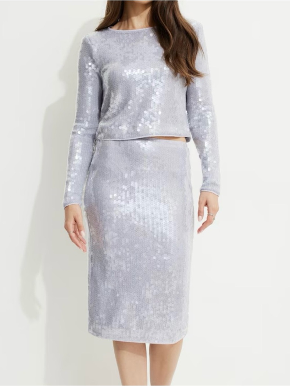 Dynamite Silver Sequin Long Sleeve Dress Set